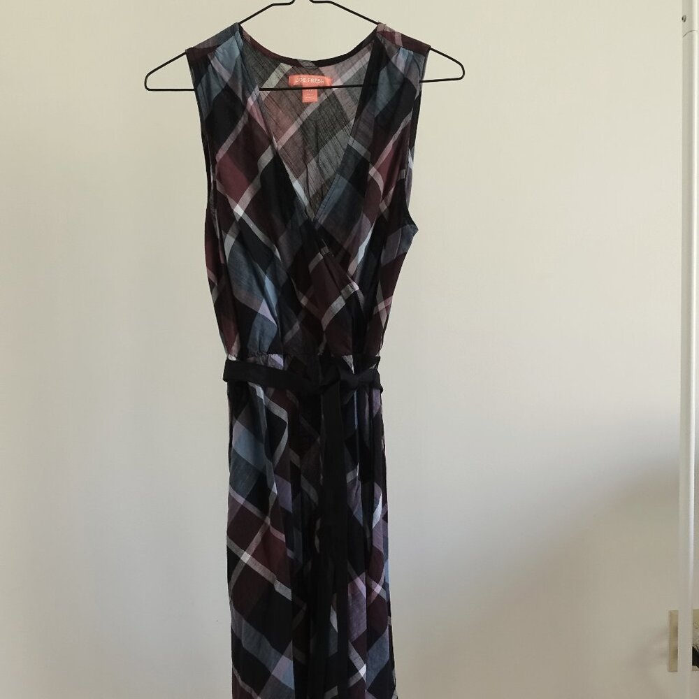 Joe Fresh Plaid Blue White Purple Cotton Faux Wrap Dress Size S